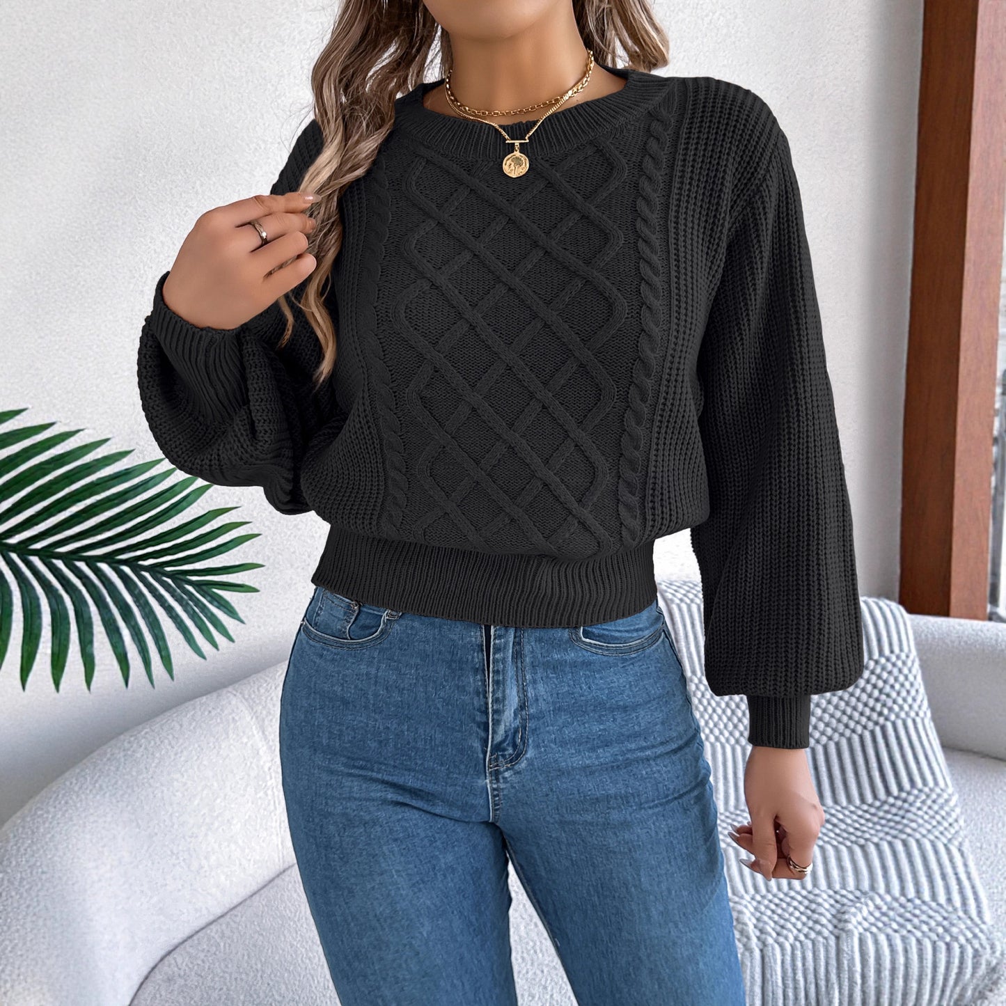 Fried Dough Twists Lantern Long Sleeve Waist Pullover Sweater