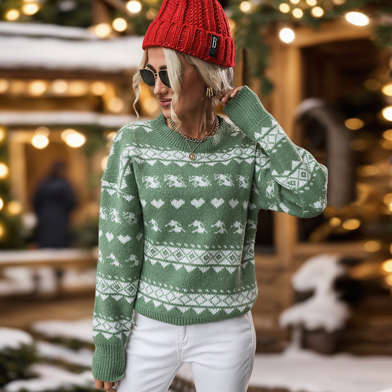Women's round neck green Christmas sweater