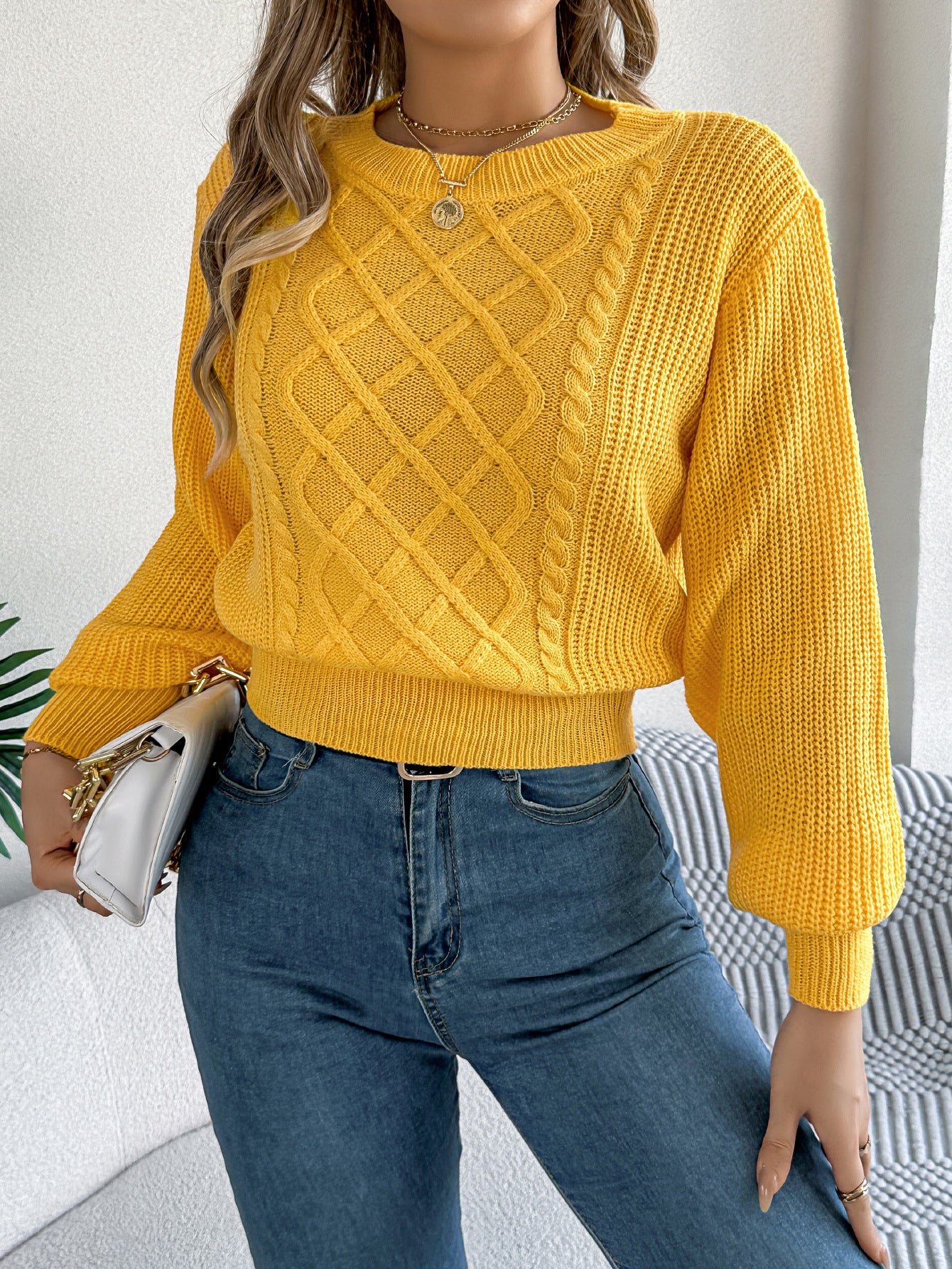 Fried Dough Twists Lantern Long Sleeve Waist Pullover Sweater
