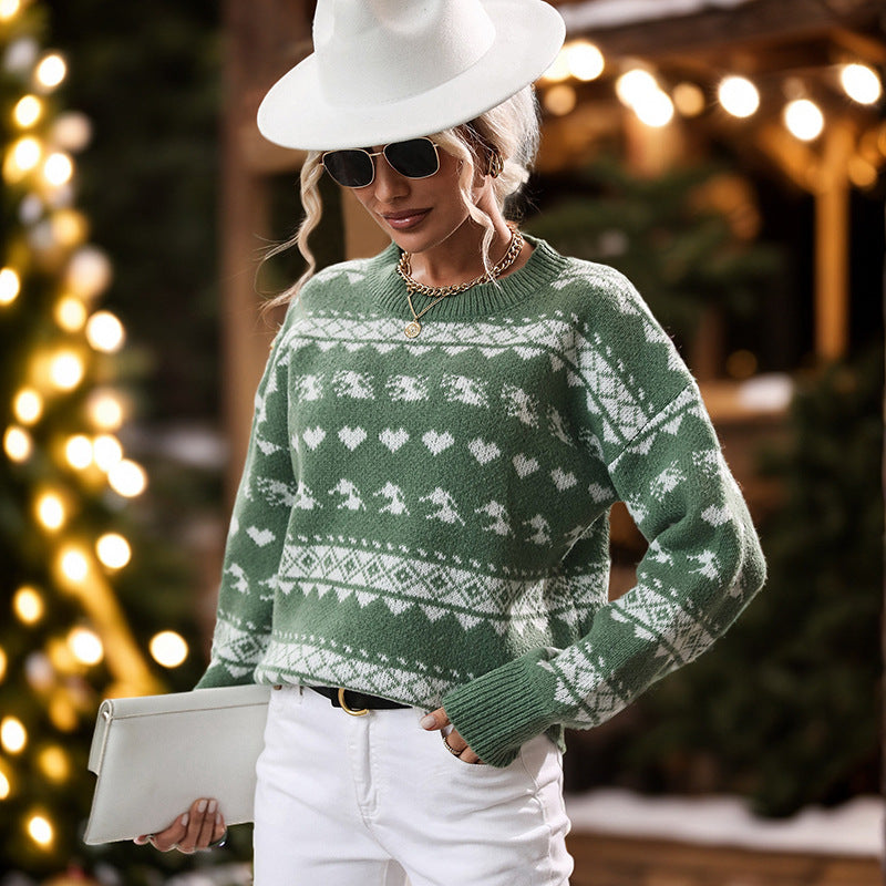 Women's round neck green Christmas sweater