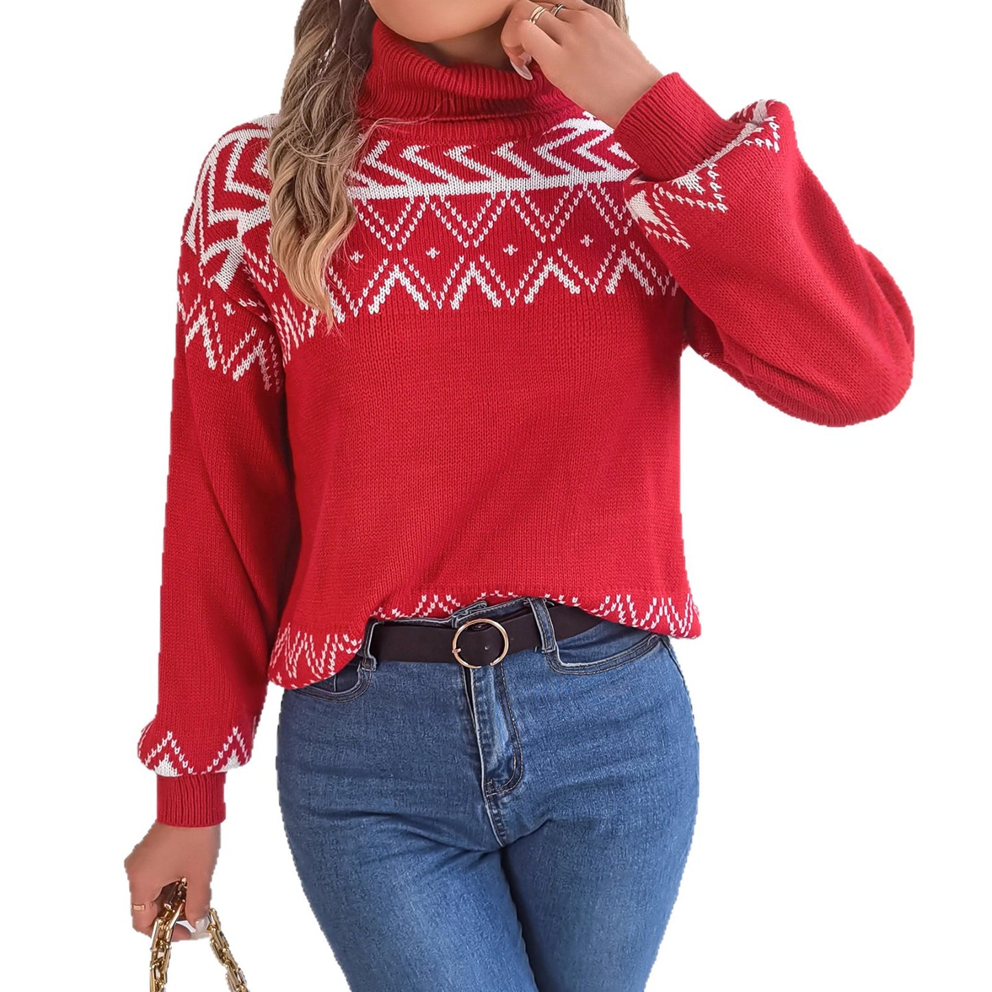 Vintage Jacquard Lantern Sleeve Head High Collar Sweater