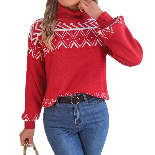 Vintage Jacquard Lantern Sleeve Head High Collar Sweater