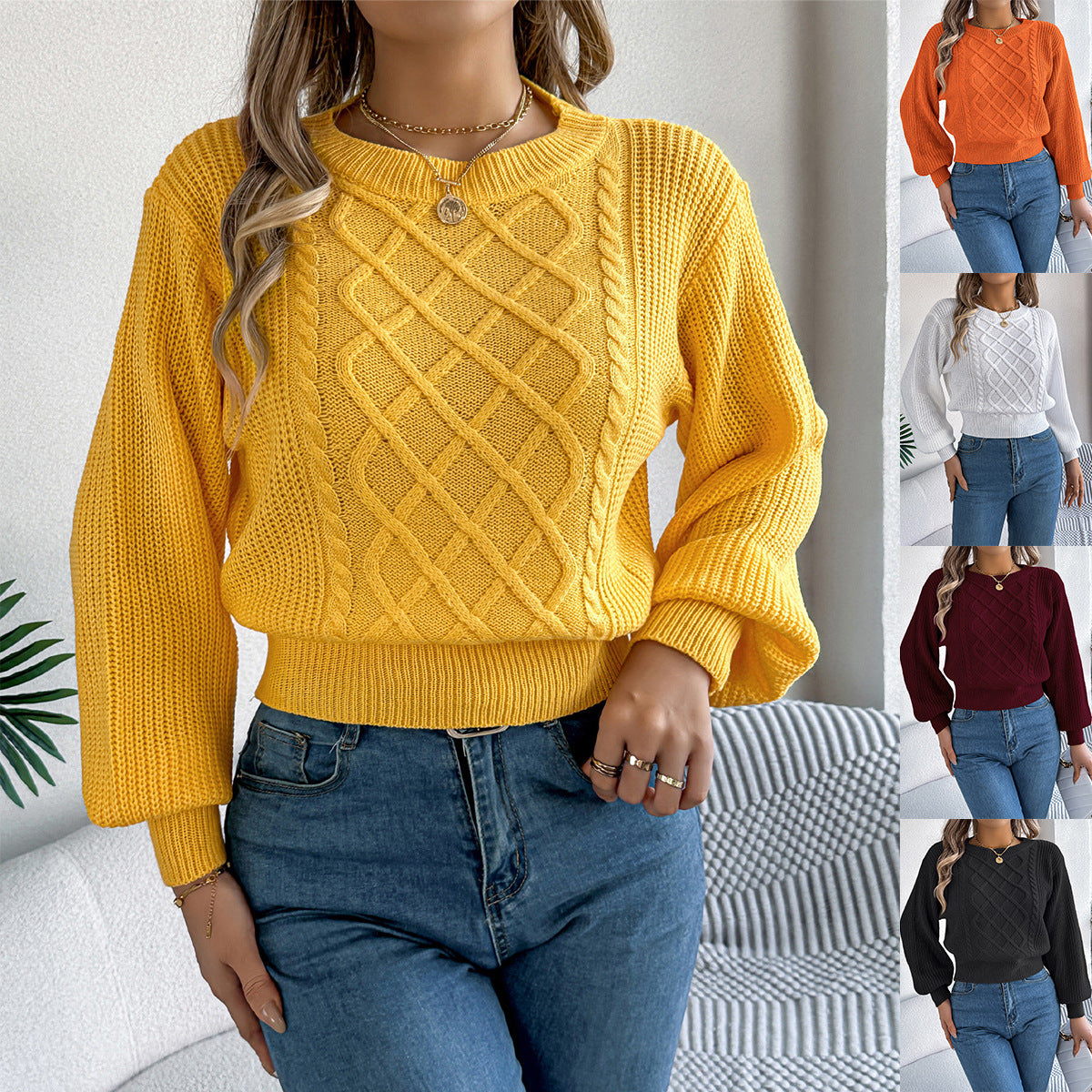 Fried Dough Twists Lantern Long Sleeve Waist Pullover Sweater
