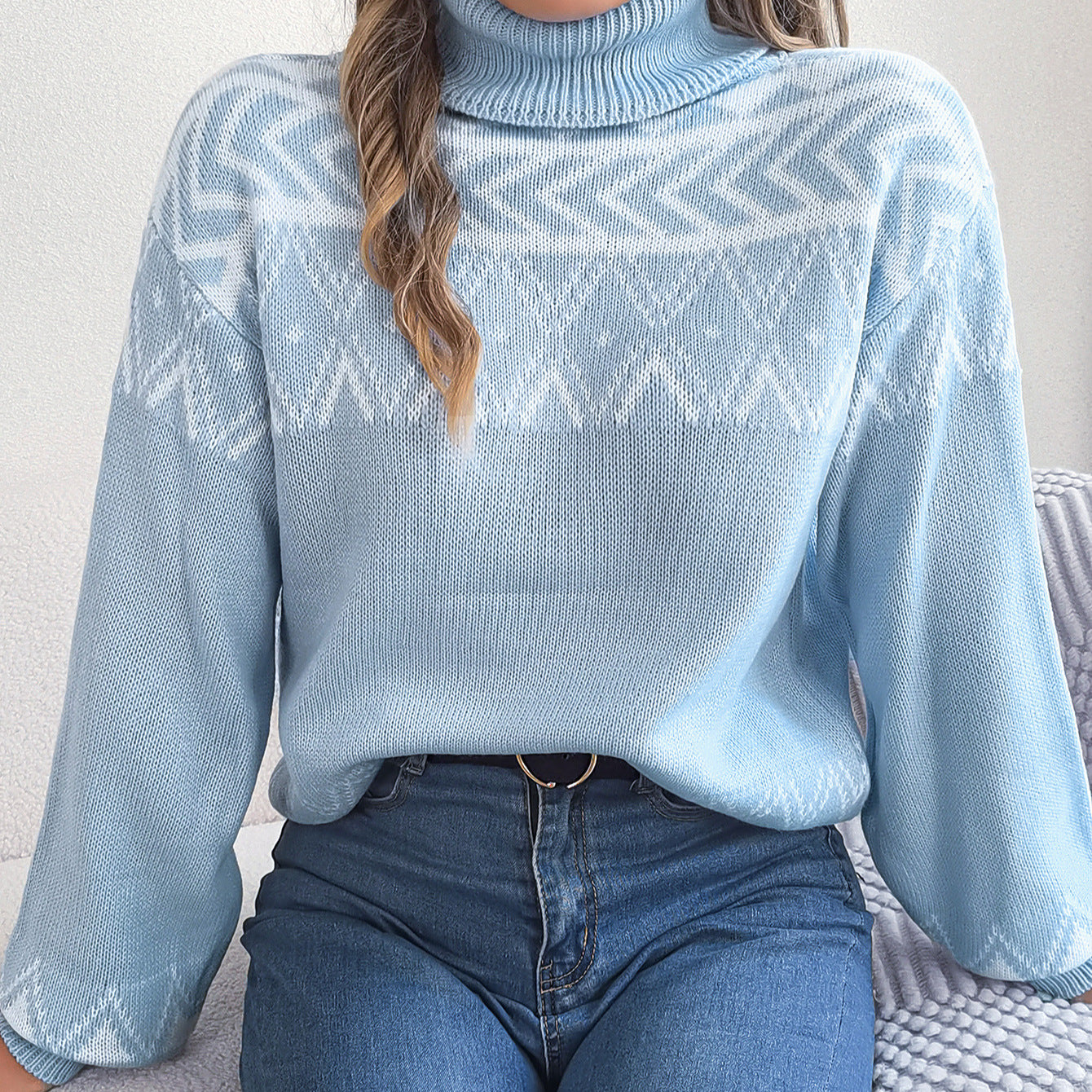 Vintage Jacquard Lantern Sleeve Head High Collar Sweater