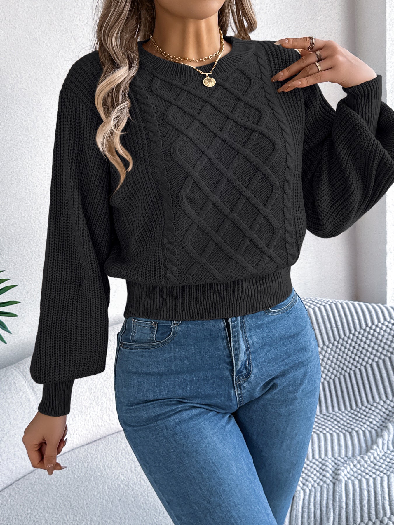 Fried Dough Twists Lantern Long Sleeve Waist Pullover Sweater