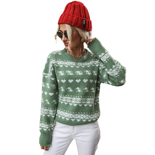 Women's round neck green Christmas sweater