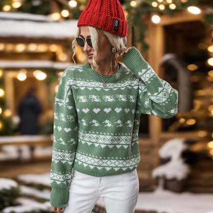 Women's round neck green Christmas sweater
