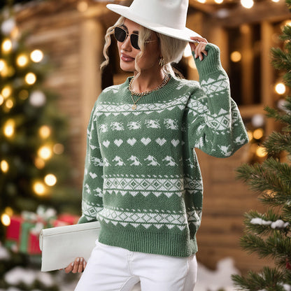 Women's round neck green Christmas sweater