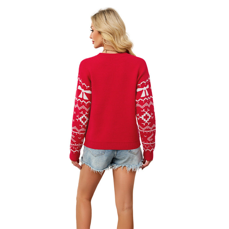 Christmas Snowflake Pattern Women's Knit Sweater Casual Pullover for Fall and Winter