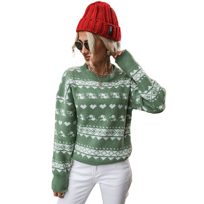 Women's round neck green Christmas sweater
